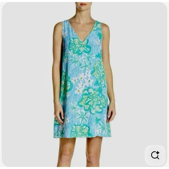 Lilly Pulitzer‎ Dress Calissa Floral Blue Green Sleeveless Mini Sz 2 Shift Crepe - Picture 2 of 9